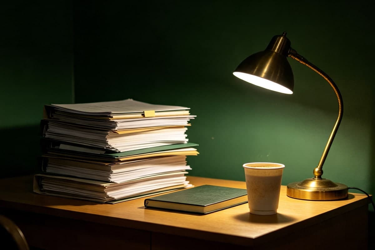 Escrivaninha de madeira com uma pilha alta de papéis, um café e uma luminária acesa, tarde da noite